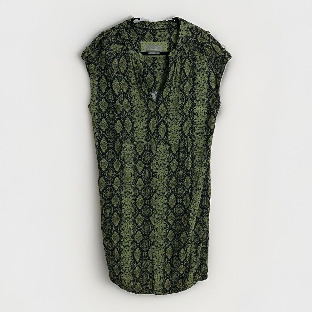 Anthropologie Rachel Tunic Dress S Green Snake Print Pockets Shift V Neck Mini